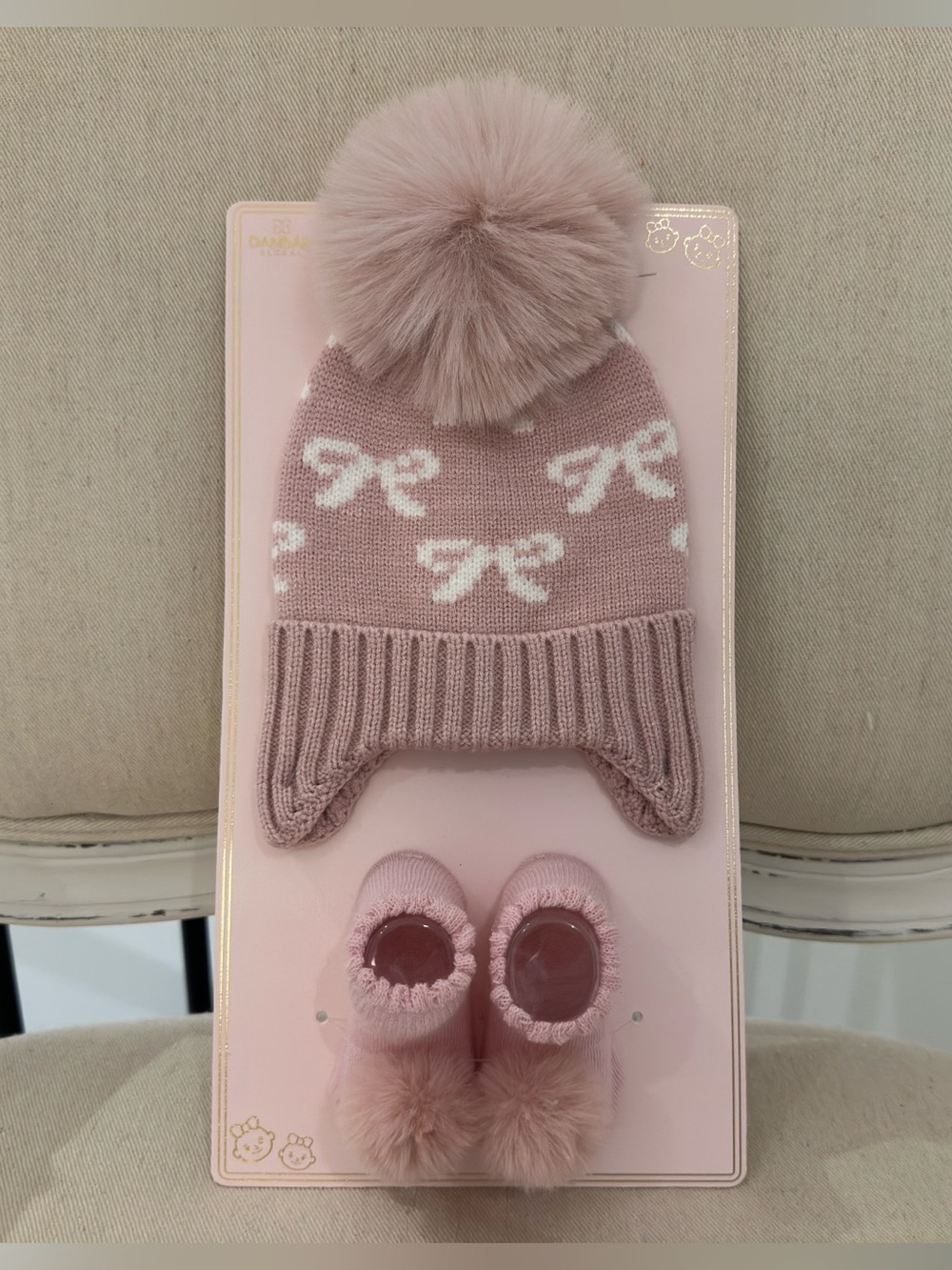 🦢 Ava Olivia Baby Dusty Pink Knit Pom Pom Hat & Booties Set (0-12 Months) NWT